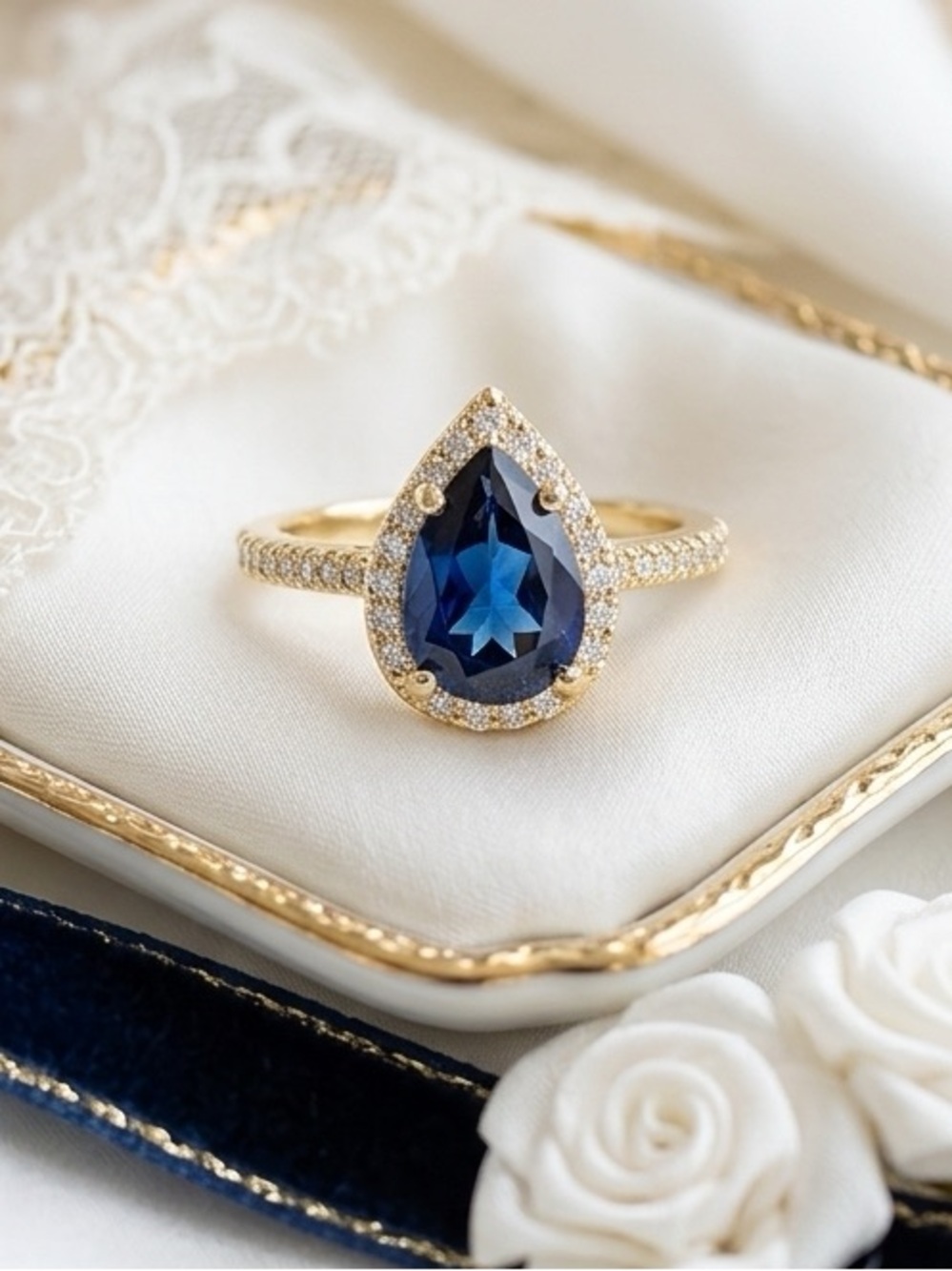 Stunning Sapphire Blue Pear Halo Ring 14K Gold Soft Girl Coquette Feminine Glam